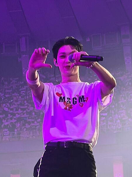 A picture in purple showing the upper body and face of Lee Felix from the K-pop group Stray Kids at one of their concerts. Felix has short black hair and smiles. He forms a heart with his hands and wears a white shirt and black trousers.