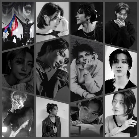 A collage with 12 photos of Yungblud (3), Lee Felix (3), Park Seonghwa (2), Lee Ten (2) and Lee Taeyeob (2) in the colours black and white